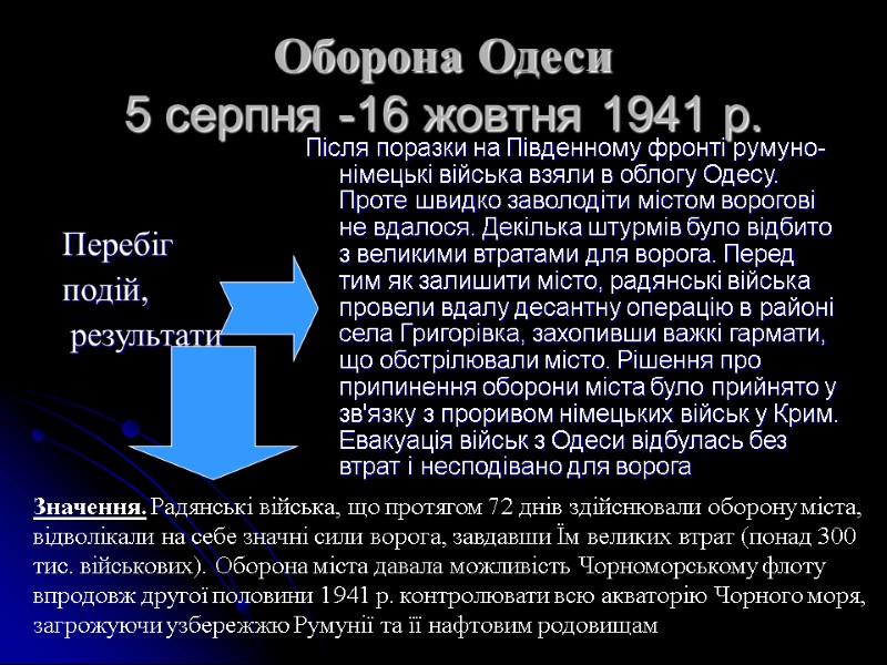 Оборона Одеси 5 серпня -16 жовтня 1941 р.  Перебіг  подій,  результати